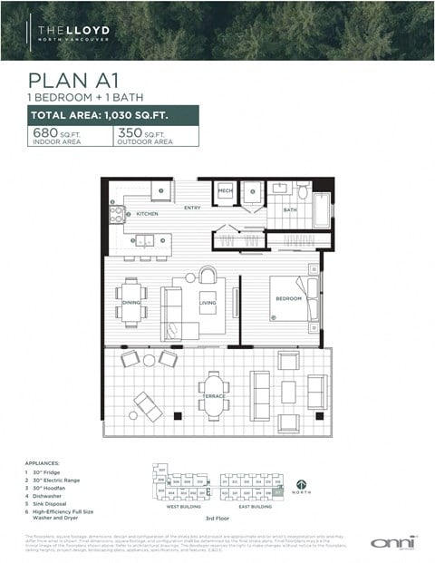 Floor plan for 1 bed, 1 bath, 678 sqft